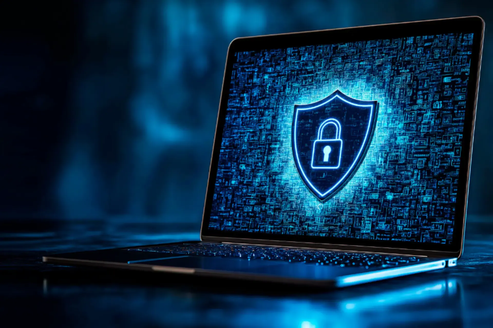 Laptop screen showing a shield and padlock graphic for cyber security