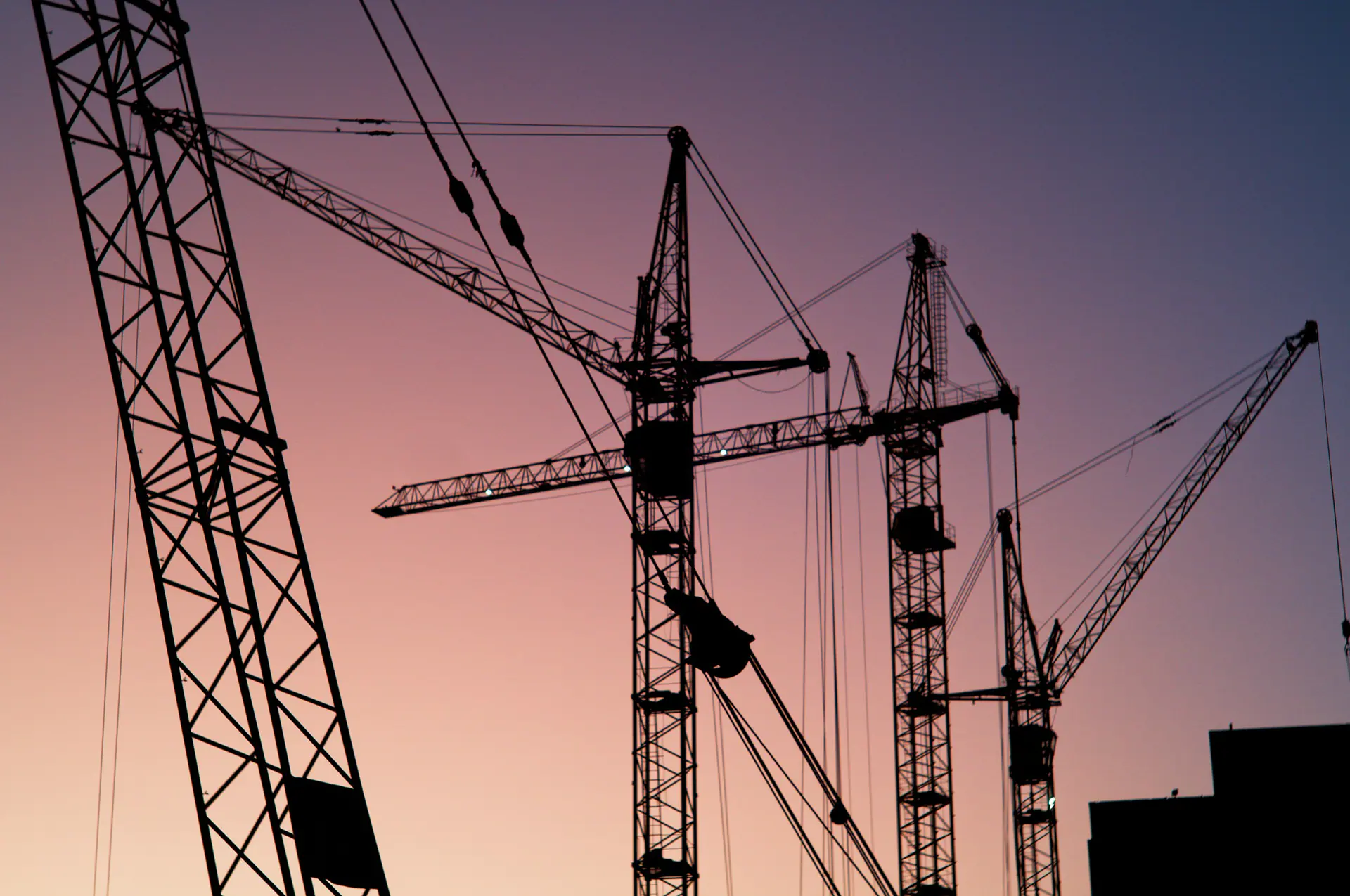 Tower cranes standing over a major engineering project at dusk